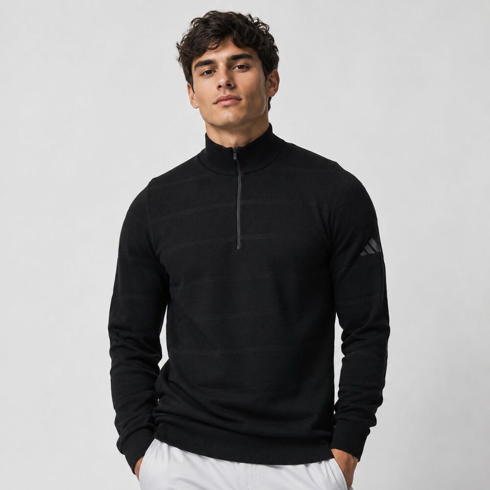 ADIDAS Men's New Tour Knit Sweater Black 1/4 Zip LARGE Wind Resistant